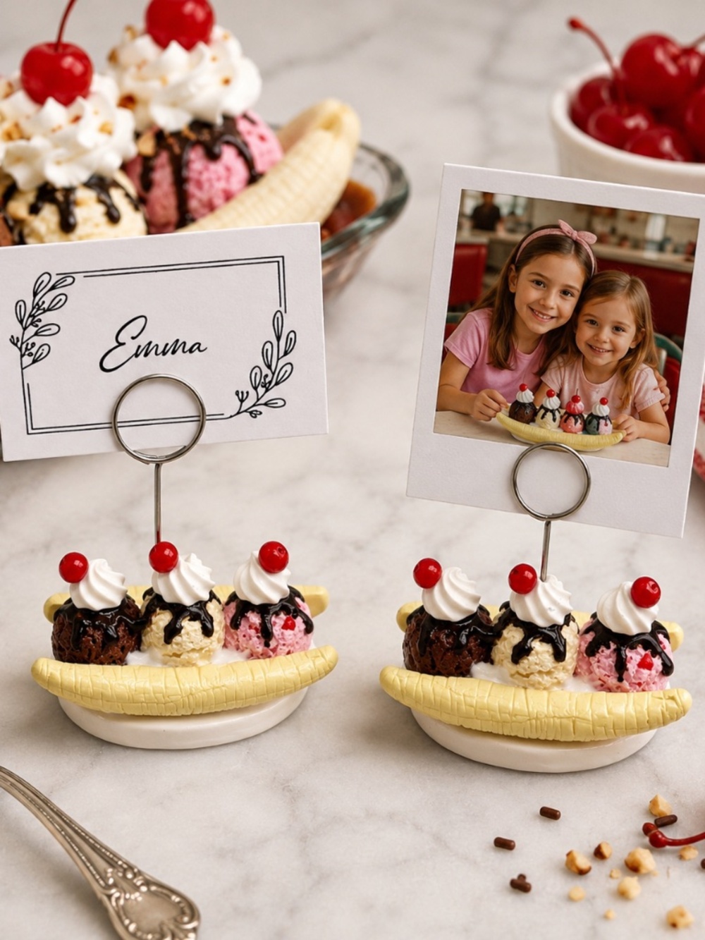 Banana Split Ice Cream Sundae Photo & Place Card Holder Set 2 | Handmade Dessert